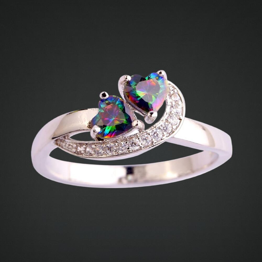 NEW Rainbow Heart Crystal Ring Silver Tone Pavé Accent Size 7 Includes Gift Box